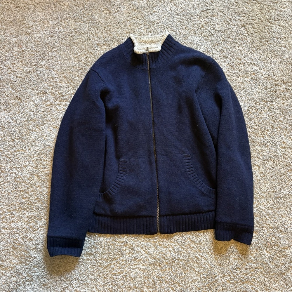 LL Bean Sherpa Jacket Full Zip Mens Xl Navy Lambswool Knit Outdoor Winter Mock